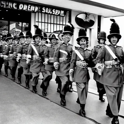 Prompt: a line of soldiers marching into kfc in a single file line, in the style of a 1940's cartoon.