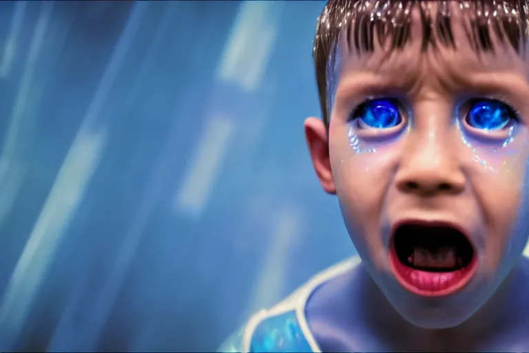 Prompt: a large blue and white hologram of a screaming child's face, photography by fred palacio medium full shot still from bladerunner 2 0 4 9, sci fi, bladerunner, canon eos r 3, f / 3, iso 2 0 0, 1 / 1 6 0 s, 8 k, raw, unedited