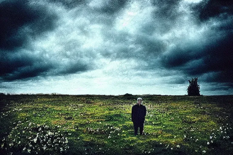 Prompt: “Photo by Robert ParkeHarrison. Old man in a surreal dying garden staring at the camera. The sky is torn and you can see through it.”