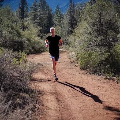 Prompt: tall photo of a white blond male running alone on a dirt trail with mountains in the background