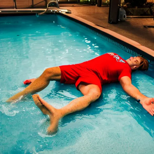 Prompt: lifeguard sleeping on the ground next to a pool with rescue tube, photography, 4 k, dim lighting