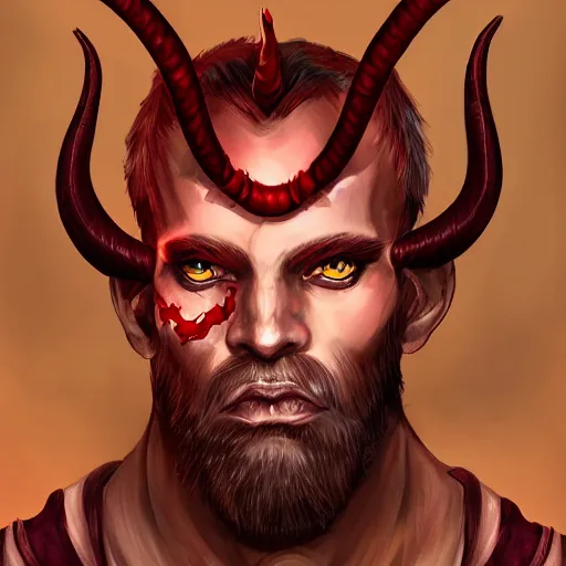 Image similar to dnd style portrait of a tiefling, male, red scales, red skin, a big black beard, completely golden eyes, 2 black ram horns growing out of his forehead,