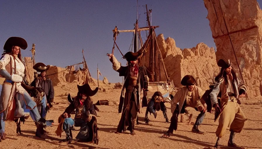 Image similar to movie still by alejandro jodorowsky of a pirate ship strange crew in the desert, cinestill 8 0 0 t eastmancolor technicolor, high quality, very detailed, heavy grain, fine facial features, 8 k, octane render