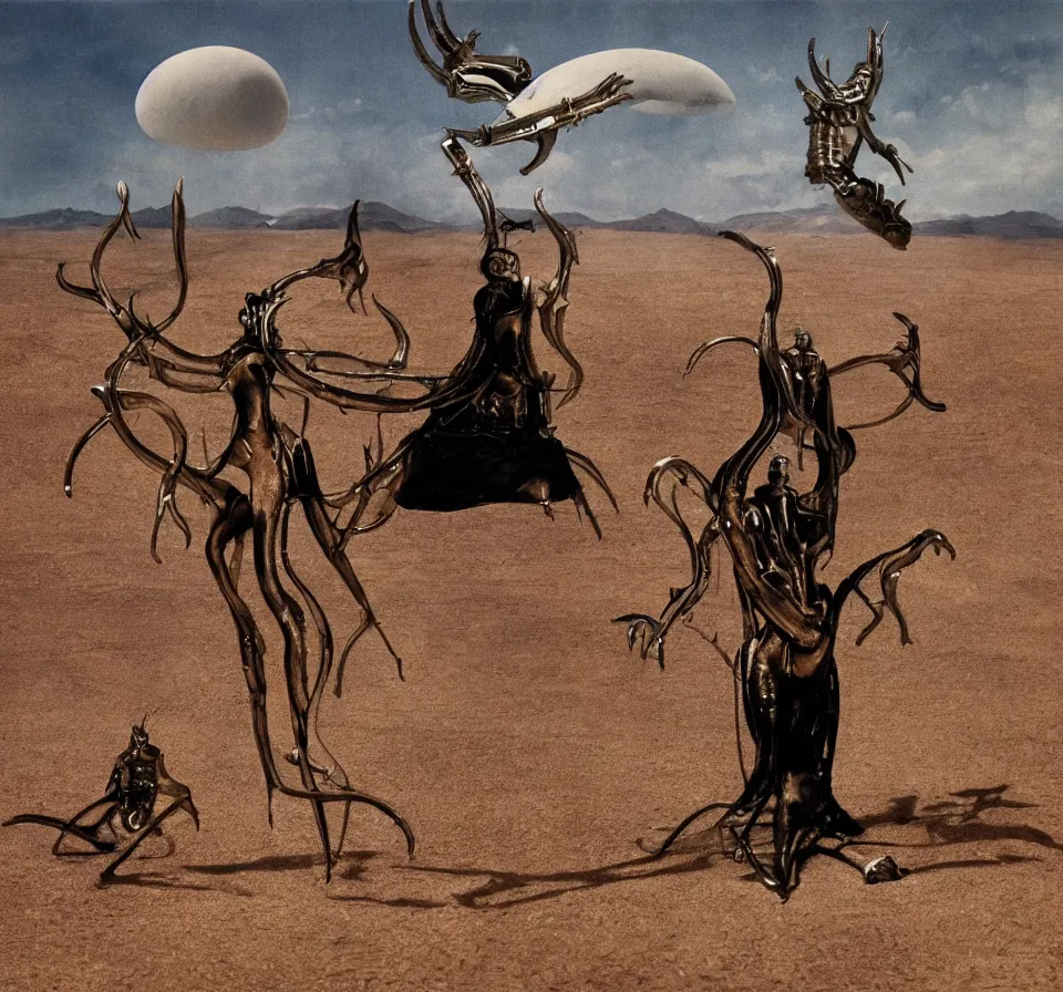 Image similar to salvador dali wearing a horned golden jewels crown in a dry sand desert landscape, alien spaceship by giger in the sky, film still from the movie by alejandro jodorowsky with cinematogrophy of christopher doyle and art direction by hans giger, anamorphic lens, kodakchrome, very detailed photo, 8 k