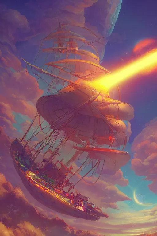 Image similar to spelljammer flying through phlogiston, 4 k digital paint by studio ghibli hayao miyazaki. vivid colours, vaporwave lighting style, very sharp and detailed. trending on artstation and behance.