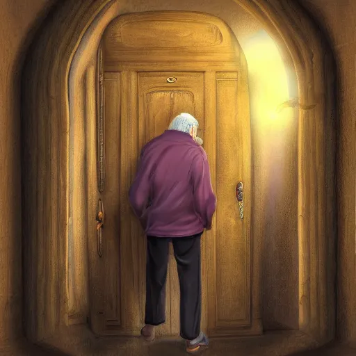 Image similar to old man going through an old magical door, digital art, 4 k, fantasy