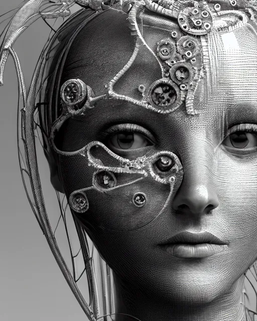 Image similar to mythical dreamy black and white organic bio-mechanical spinal ribbed profile face portrait detail of translucent steampunk beautiful female angelic-human-queen-vegetal-cyborg, highly detailed, intricate crystal jelly ornate, poetic, 3D render, digital art, octane render, 8K artistic photography, photo-realistic, by Dora Maar