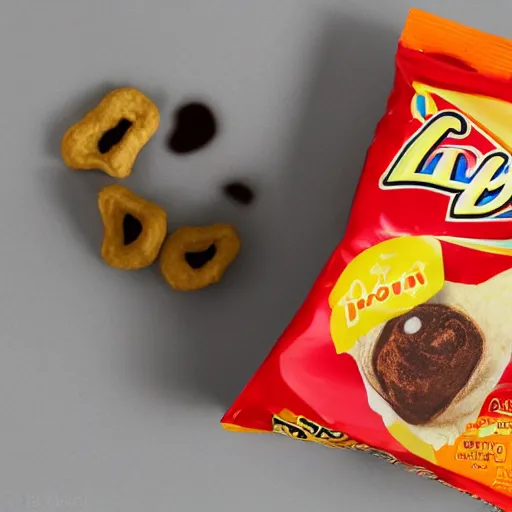 Prompt: bag of lays potato chips, poop flavor with poop emoji on bag ( eos 5 ds r, iso 1 0 0, f / 8, 1 / 1 2 5, 8 4 mm, postprocessed, bokeh )