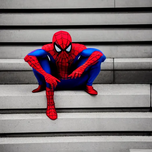 Image similar to editorial photography of spiderman caught homeless