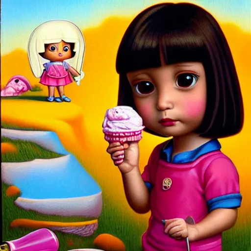 Prompt: dora the explorer as real girl holding ice cream, in lowbrow style, Pop Surrealism oil painting by Mark Ryden and Todd Schorr