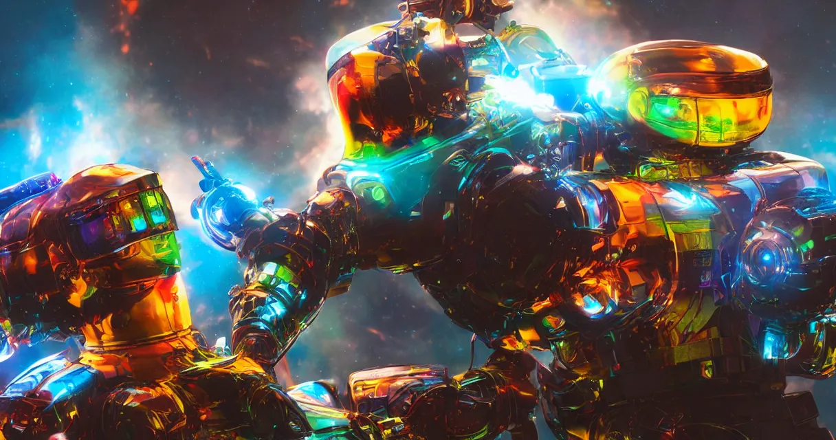 Prompt: vivid colors, spectrum, robot, drama, high quality, vray, cg, crazy, space, photoreal