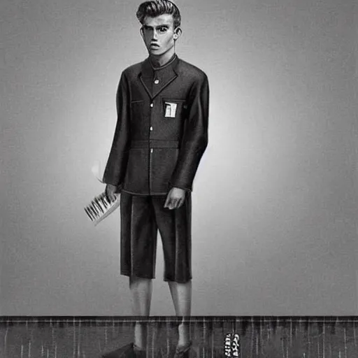 Image similar to a highly detailed epic cinematic concept art CG render digital painting artwork costume design: young James Dean as a well-kept neat perfect formal student in a 1950s USSR school uniform. By Mandy Jurgens, Lim Chuan Shin, Simon Cowell, Barret Frymire, Dan Volbert, Beeple, Butcher Billy, David Villegas, Irina French, Heraldo Ortega, Rachel Walpole, Jeszika Le Vye trending on ArtStation, made in Maya, Blender and Photoshop, octane render, excellent composition, cinematic atmosphere, dynamic dramatic cinematic lighting, aesthetic, very inspirational, arthouse