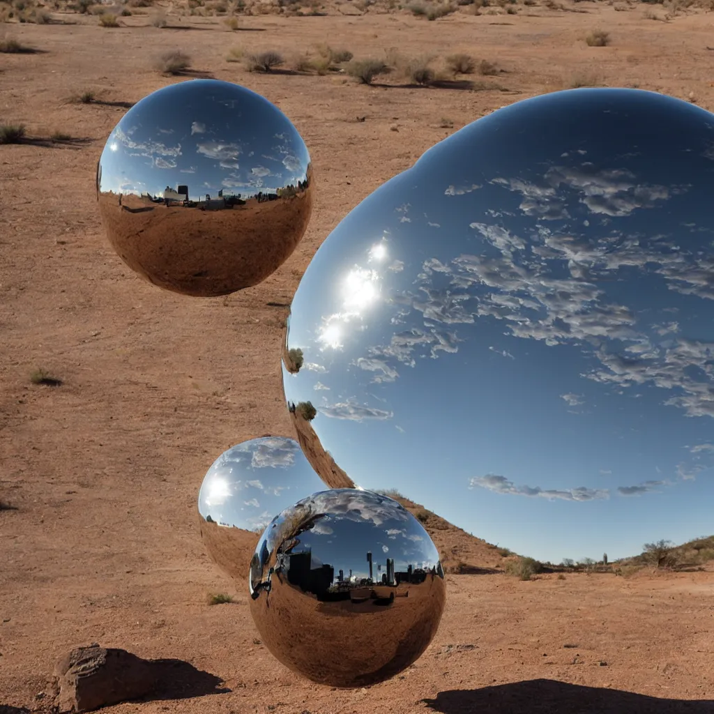 Image similar to a large metallic ball with a mirror finish sits in the arizona desert