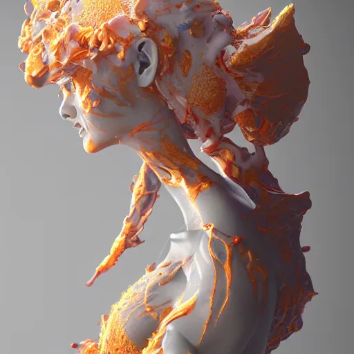 Image similar to Cinestill of A heartbreaking realistic 8k Bernini Sculpture of a stunning intricate cracked multicolored milky cosmic marble Evangelion Fallen Angel Devil Queen. sentient mycelium and misty xparticles. by Yoshitaka Amano, Daytoner, Greg Tocchini,. . Scattered golden flakes, Hyperrealism. Subsurface scattering. Octane Render. Weirdcore