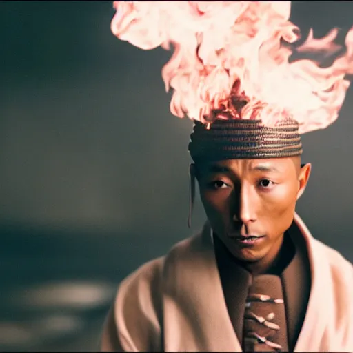 Image similar to cinematic film still Pharrell Williams starring as a Samurai holding fire, Japanese CGI, VFX, 2003, 40mm lens, shallow depth of field,film photography