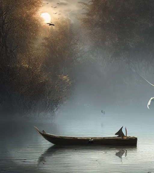 Prompt: three long beak crows flying and a little boat in a swamp, long legs, volumetric lighting, majestic light, octane render, ethereal glare of the sun, hyperrealistic, epic, masterpiece, by greg rutkowski