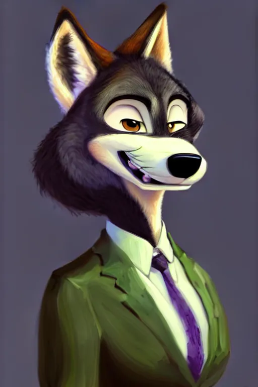 Image similar to oil painting of anthromorphic female wolf, in style of zootopia, female fursona, furry, furaffinity, 4 k, deviantart, furry art, fursona art, wearing black business suit, business suit, wolf fursona, female, smug expression,