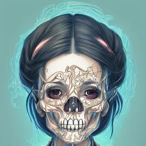 Image similar to anime manga skull portrait young woman skeleton, miffy, unreal engine, intricate, elegant, highly detailed, digital art, art by JC Leyendecker and sachin teng