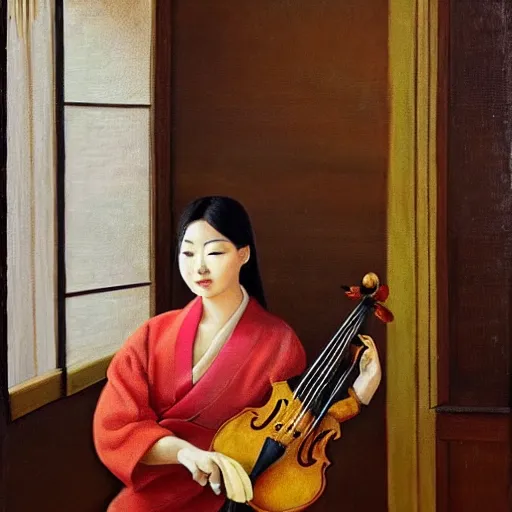 Image similar to painting of beautiful asian woman playing violin in front of a window