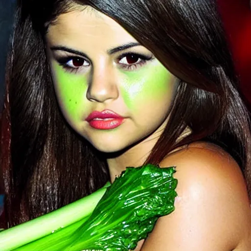 Image similar to selena gomez as celery hybrid monster mutant