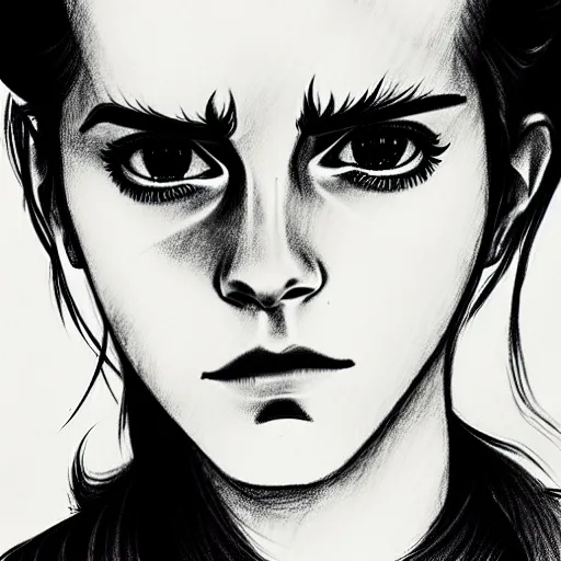 Image similar to emma watson in a demon slayer manga pencil, pencil and vine charcoal drawing, on medium grade paper, indian ink, variable lineart, grayscale, manga tones, detailed, set in hell, threatening an oompa loompa, hyper realistic, manga, beautiful