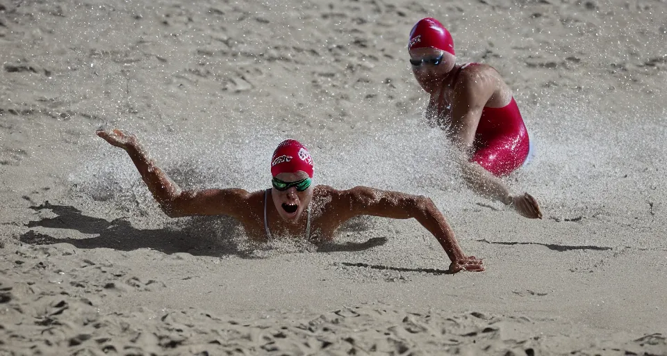 Prompt: olympic swimming in sand instead of water, extremely coherent, motion blur