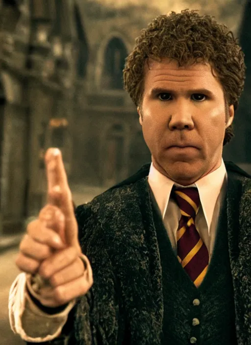 Image similar to will ferrell in harry potter, movie still frame, cinematic, 4 k