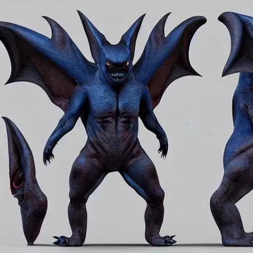 Image similar to front and back character view of scary giant mutant dark blue humanoid bat, glowing red eyes flying above a stormy ocean, sharp teeth, acid leaking from mouth, realistic, giant, bat ears, bat nose, bat claws, bat wings, furred, covered in soft fur, detailed, trending on artstation clean concept art and sheet that using unreal engine 5 render and hyper detailed 3D texture with cinematic software light 85mm f/1.4