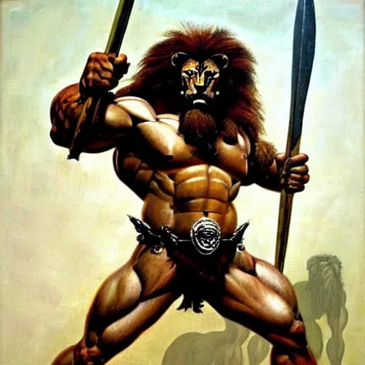 Image similar to muscular lion as barbarian hunter full body ,human legs ,very textured detailed oil painting by Frank Frazetta