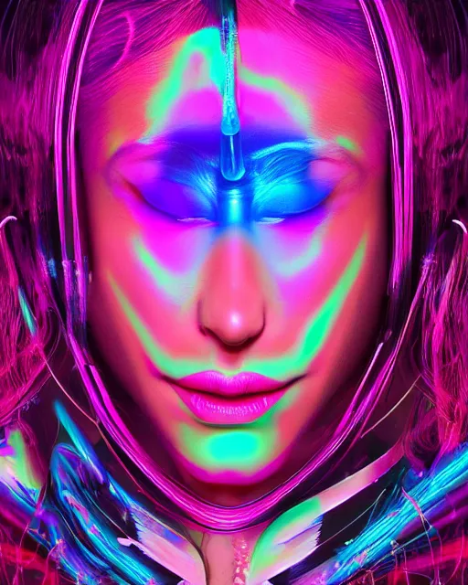 Image similar to a powerful energy psychedelic neon woman, by alexander fedosav, hyper detailed digital matte painting, concept art, hyperrealism, 1 6 k resolution, cinema 4 d, 8 k resolution, trending on artstation, behance hd, a masterpiece, by stephan martiniere, particles, cel - shaded, power bright neon energy, by david a. hardy,