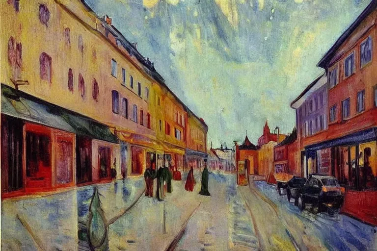 Image similar to unique shops, apartment towers, and cute townhouses along a city street, oil painting by edvard munch