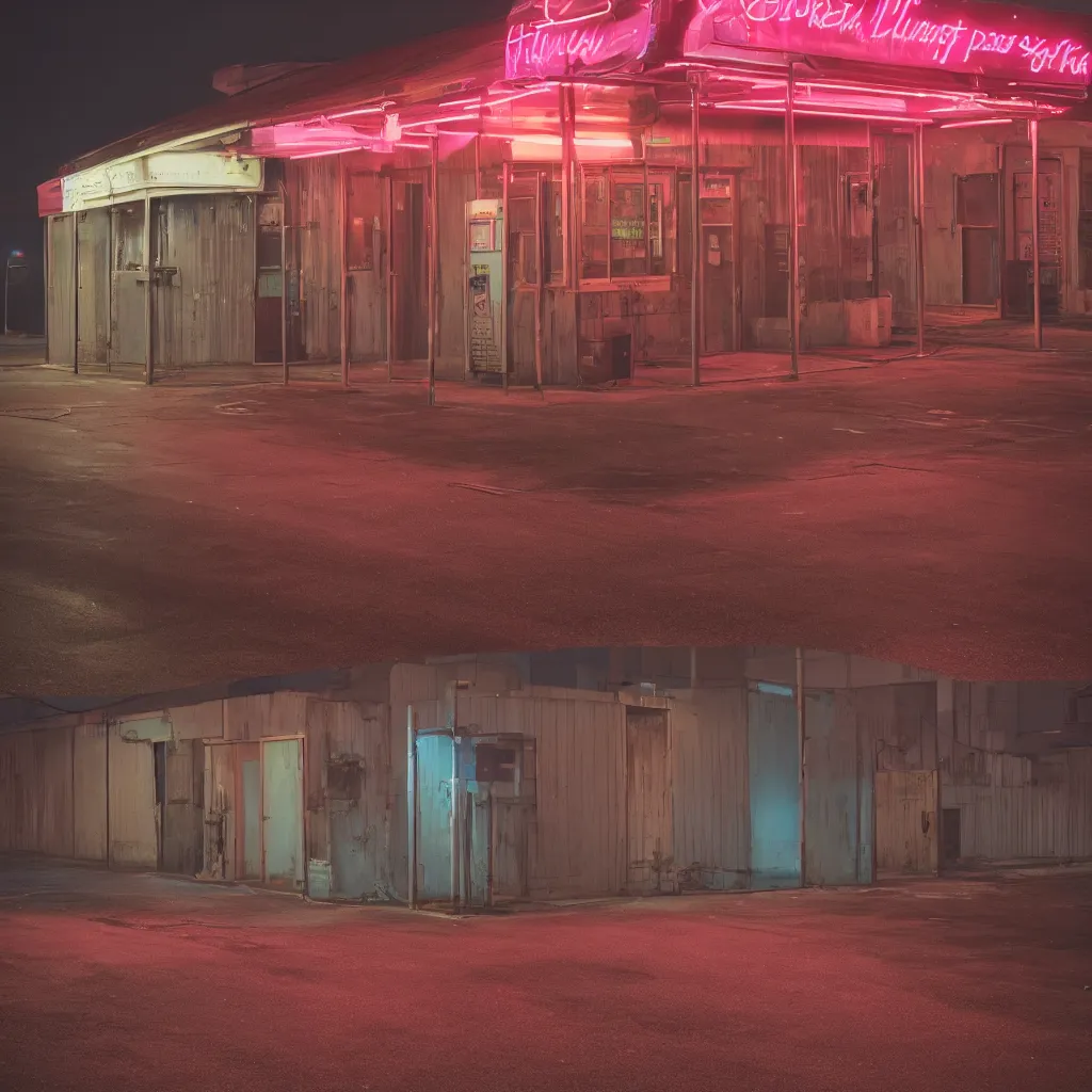 Image similar to an empty parking lout outside an abandoned retro diner at night, by lee madgwick, pink and orange neon lights, highly detailed, photorealistic, artstation trending, cryengine 8 k uhd