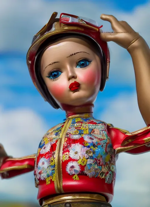 Image similar to closeup profile portrait of tin toy russian girl soviet test pilot, bikini, depth of field, zeiss lens, detailed, symmetrical, centered, fashion photoshoot, by nicoletta ceccoli, mark ryden, lostfish, breathtaking, 8 k resolution, extremely detailed, beautiful, establishing shot, artistic, hyperrealistic, octane render