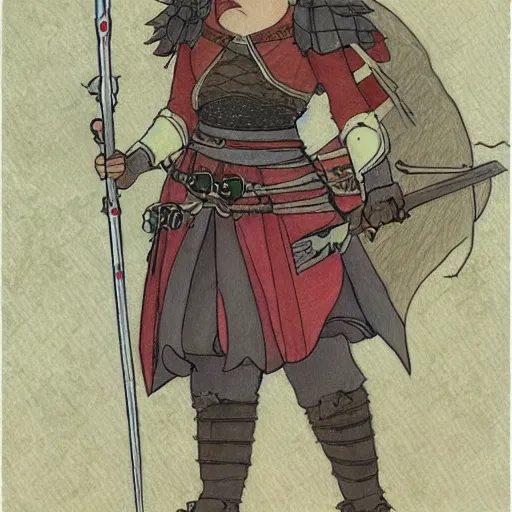 Image similar to medieval warrior girl, highly detailed, colored pencil, studio ghibli, mucha