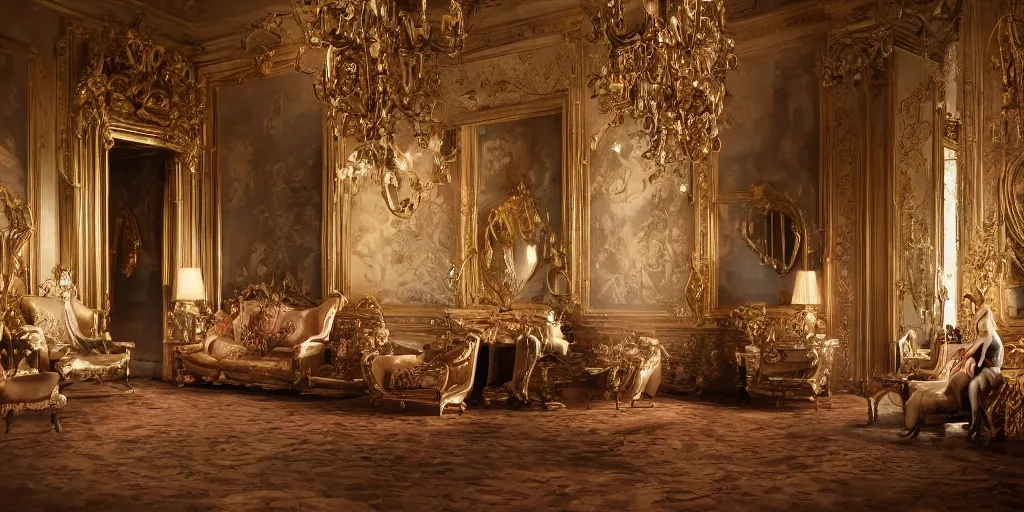 Prompt: highly detailed long-shot photo of a unique long hair princess in a baroque dreamy room full of renaissance furniture, cinematic lighting, intricate, 4k resolution, elegant