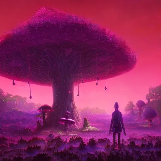 Image similar to concept art painting of a fantasy alien fungal landscape at night, magenta trees, glowing blue mushrooms, village of houses made of mushrooms, dark purple sky, realistic, detailed, cel shaded, in the style of makoto shinkai and greg rutkowski and albert bierstadt and james gurney