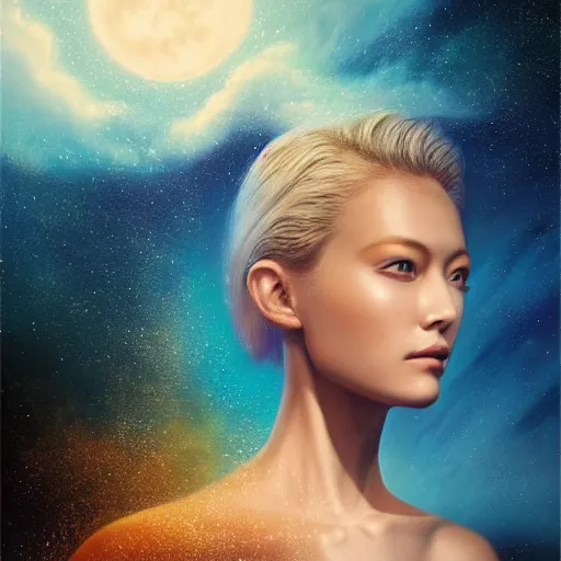 Prompt: sci - fi, 3 d, stars, blonde fashion model face, cinematic, clouds, moon rays, vogue cover style, poster art, blue mood, realistic painting, intricate oil painting, high detail illustration, figurative art, multiple exposure, water, 3 d, by tooth wu and wlop and beeple and greg rutkowski