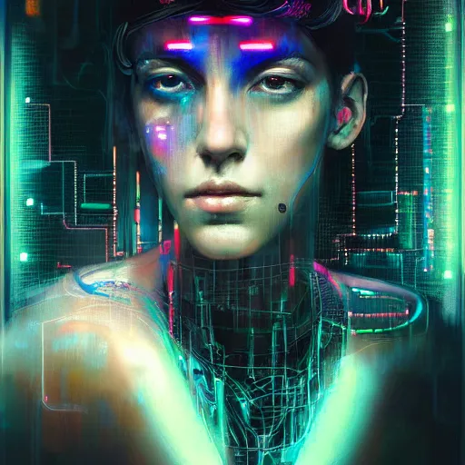 Prompt: female cyberpunk portrait by cy Twombly and BASTIEN LECOUFFE DEHARME, highly detailed circuit boards, led display, iridescent fractal, integrated wiring, high tech, neon lights, artistic