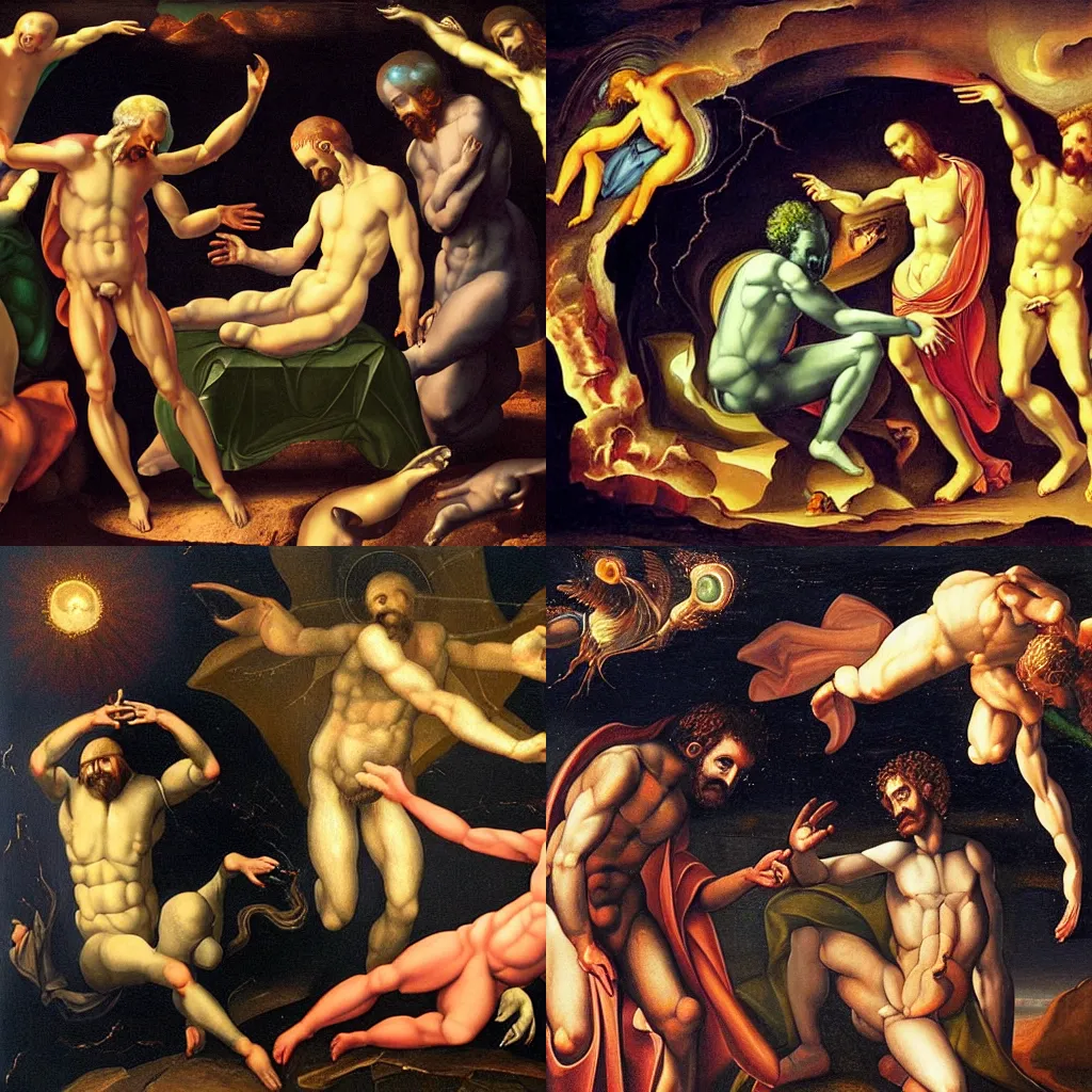 Prompt: creation of adam, god and adam are aliens, painting, highly detailed