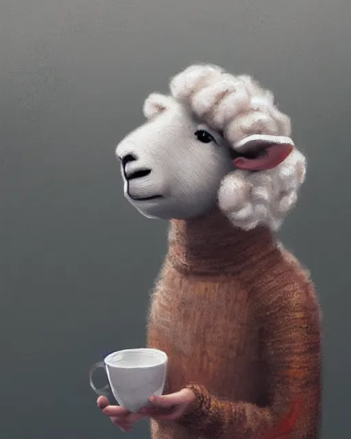 Prompt: portrait of a cute sheep wearing a merino sweater and holding a cup of cocoa, digital art, sylvain sarrailh, artstation, ismail inceoglu