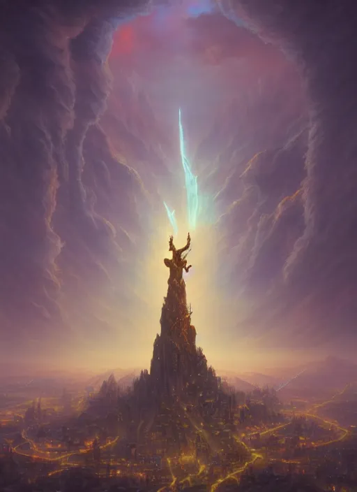 Image similar to a gigantic statue holding a city in his hands, in the style of tomasz alen kopera and fenghua zhong and peter mohrbacher, mystical colors, rim light, beautiful lighting, 8 k, stunning scene, raytracing, octane, trending on artstation