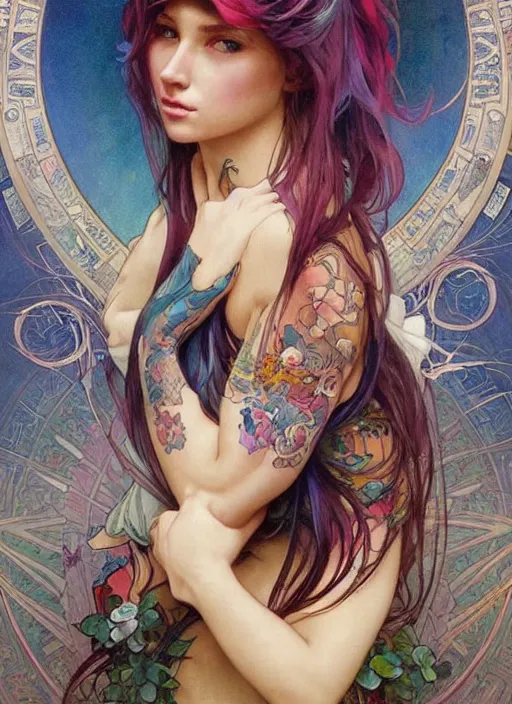 Image similar to a young woman with beautiful rainbow hair and lots of tattoos on her arms and chest. beautiful painting by artgerm and greg rutkowski and alphonse mucha