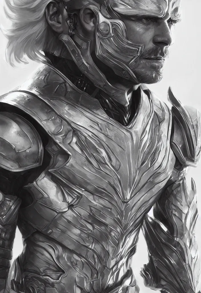 Prompt: Michael Fassbender in white tight armor, intricate, epic lighting, hyper realistic, white short hair, character concept art, cinematic, artgerm, ultra detailed, artstation trending.