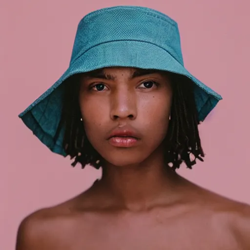 Image similar to realistic photoshooting for a new arcteryx lookbook, color film photography, portrait of a beautiful woman, model is wearing a bucket hat, photo in style of tyler mitchell, 3 5 mm,