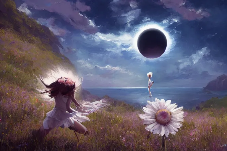 Image similar to huge white daisy flower on head, girl dancing on cliff, surreal photography, solar eclipse, milky way, dramatic light, impressionist painting, clouds, digital painting, artstation, james gilleard, liam wong, jeremy mann, simon stalenhag