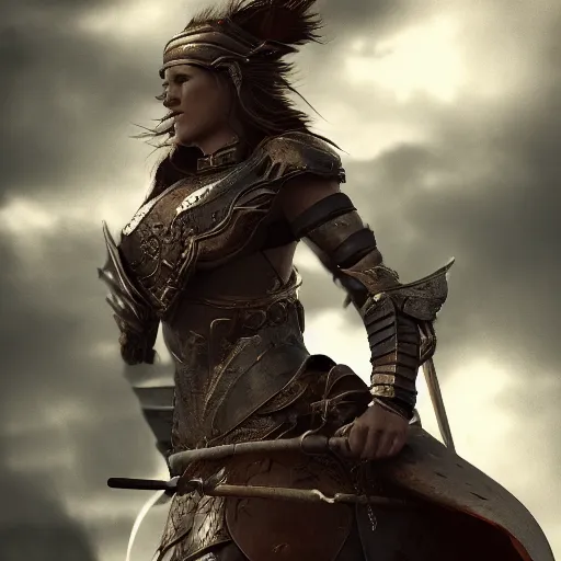 Prompt: legendary female warrior on a flying mount, shallow depth of field, moody lighting, 8 k, concept art,