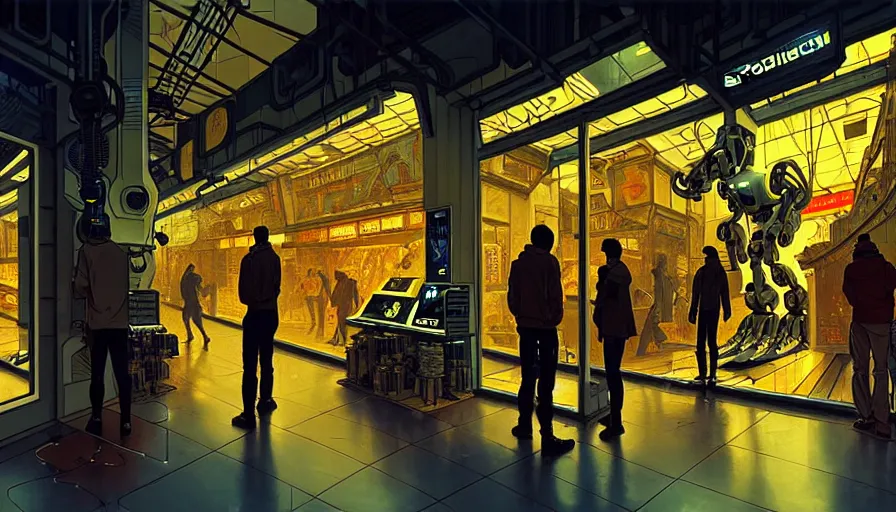 Image similar to inside a robotic shop store in The City of Lisbon at night with a few customers, extreme plus resolution scifi concept art, intricate details to everything visible, sharp lighting, Dramatic light by denis villeneuve, strong emphasis on alphonse mucha, Makoto Shinkai