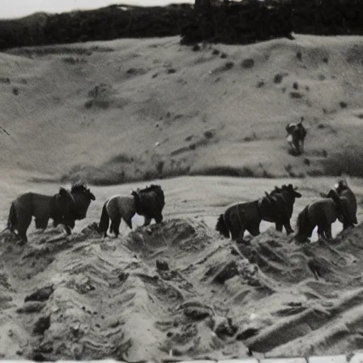 Prompt: authentic world war ii photo of my little ponies in the trenches