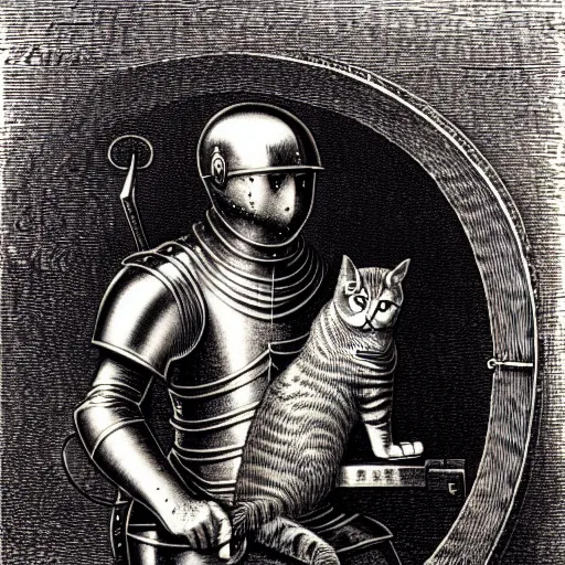 Image similar to engraving portrait of humanoid cat in medieval armoury by gustave dore