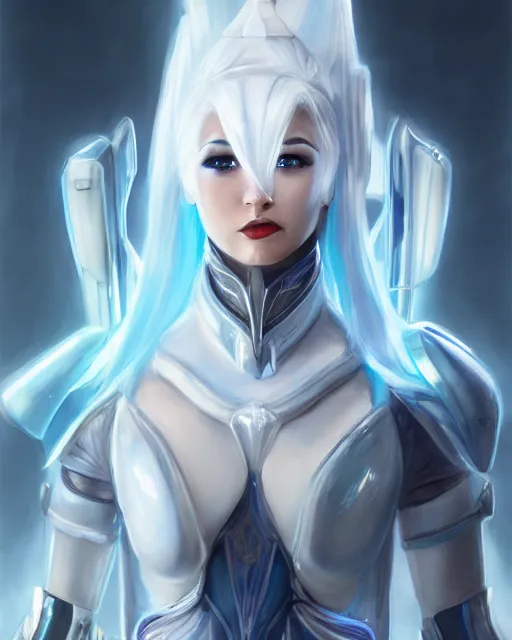 Image similar to perfect white haired attractive egyptian goddess, warframe armor, beautiful, symmetric, dreamy, half asian, pretty face, blue eyes, maesie williams, detailed, scifi platform, laboratory, experiment, 4 k, ultra realistic, epic lighting, android body, illuminated, cinematic, masterpiece, art by akihito tsukushi, voidstar